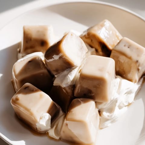 Cool, dark coffee jelly dessert with a dollop of sweetened cream, perfect for dessert tonight.