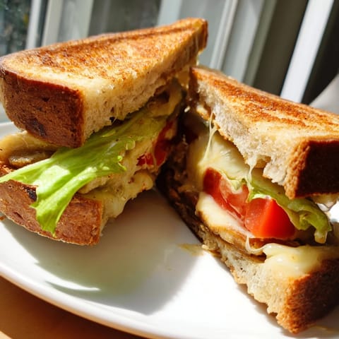 Smoky tempeh bacon and fresh lettuce in a toasted Vegan Bacon BLT Grilled Cheese.