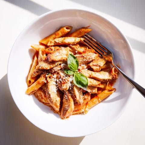 A close-up of hearty spicy tomato chicken pasta, featuring tender penne, juicy chicken, and a vibrant red sauce in a rustic bowl.