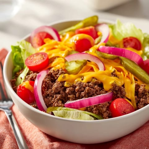 Easy Big Mac in a Bowl showcases melted cheddar, pickles, and fresh veggies for a deconstructed cheeseburger experience.  
