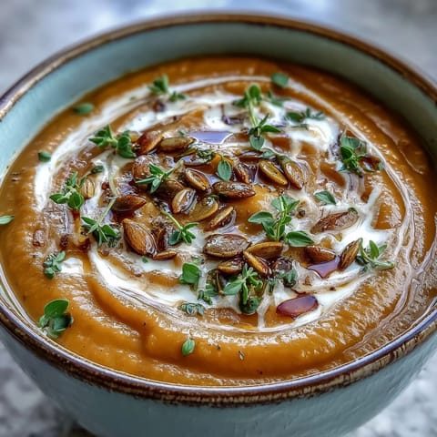 Roasted butternut squash soup in a rustic bowl, topped with pumpkin seeds and thyme.