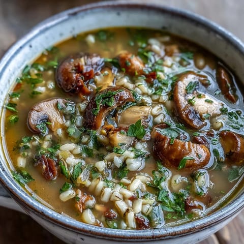 Steaming bowl of Mushroom Barley Soup with tender sliced mushrooms and chewy pearl barley in savory broth.