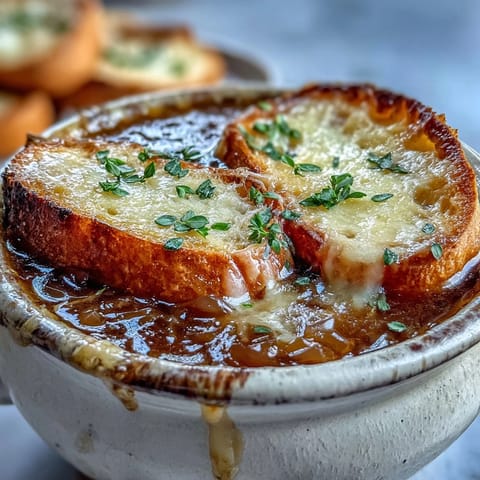 Golden brown caramelized onions simmer in rich beef broth, creating a savory base for this iconic French bistro soup.