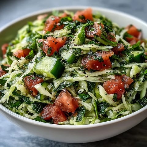 Shredded green cabbage, diced tomatoes, and crisp cucumbers tossed with fresh parsley and mint in a zesty lemon dressing in this vibrant Lebanese Cabbage Salad.