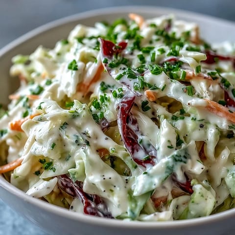 Freshly tossed Coleslaw With Creamy Dressing with crunchy cabbage, carrots, and herbs in a white bowl.