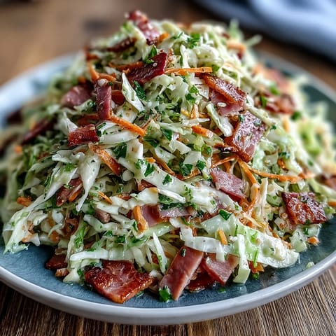 A vibrant bowl of German Cabbage Coleslaw With Shredded Ham garnished with fresh parsley, ready to serve alongside grilled sausages or schnitzel.  