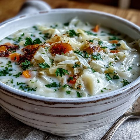 Velvety Creamy Potato Soup with Cabbage simmering in a pot with cabbage, carrots, and steam rising.