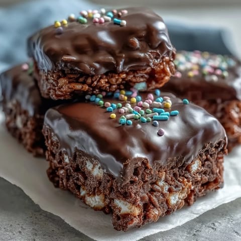 A single bar of Chocolate Covered Rice Krispy Treats is perfectly sliced, highlighting the gooey marshmallow base and thick dark chocolate shell for an easy homemade dessert.
