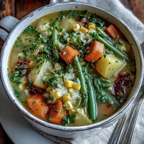 Amish Snow Day Soup simmers with carrots, corn, and potatoes in a fragrant thyme and rosemary broth.