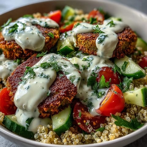 Crispy falafel quinoa salad featuring fluffy grains, colorful vegetables, and smooth garlic tahini sauce.