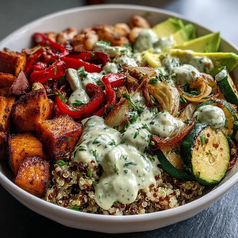 A close-up of a Black-Eyed Pea Buddha Bowl shows quinoa, roasted vegetables, avocado slices, and a creamy tahini drizzle. 