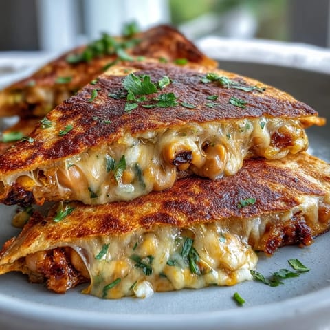 Freshly cooked Black-Eyed Pea Quesadilla slices show melted cheddar cheese and a creamy pea filling.