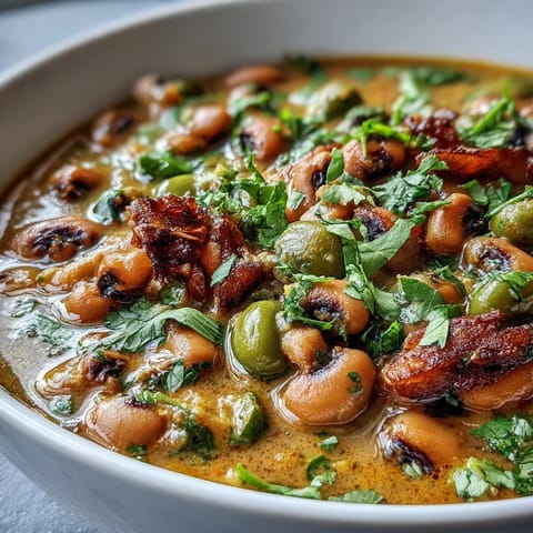 A warm bowl of Black-Eyed Pea Curry, featuring tender peas in a creamy, golden coconut milk sauce garnished with fresh cilantro and lime wedges. A hearty, vegan dinner idea.