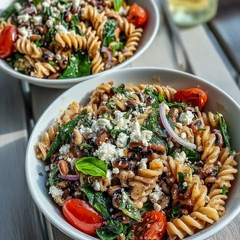 Crumbled feta cheese and a bright squeeze of lemon juice finish this Mediterranean pasta bowl.