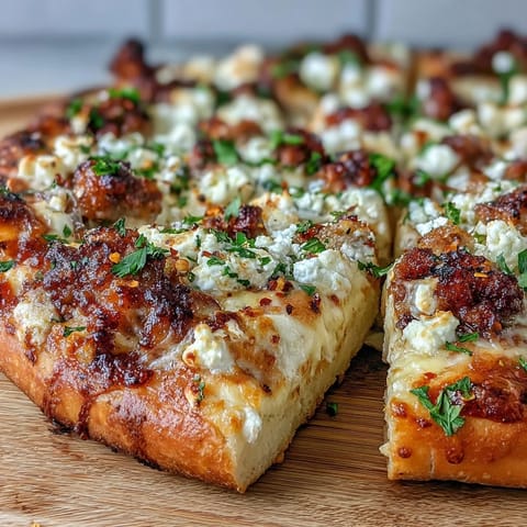 This gourmet Hot Sausage Feta Honey Pizza features bubbling mozzarella and spicy sausage on a crisp, well-charred crust, ready to slice and serve. 