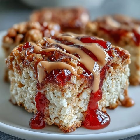 Stacked High-Protein PB&J Rice Krispie Bars ready to serve, with glistening peanut butter drizzle and vibrant jelly topping for a snack.