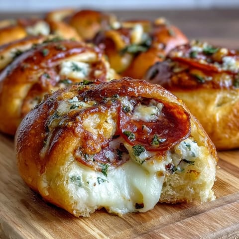 A close-up of golden-brown Pizza Roll Stuffed Garlic Knots on a marble board, perfect party snacks next to a ramekin of marinara.