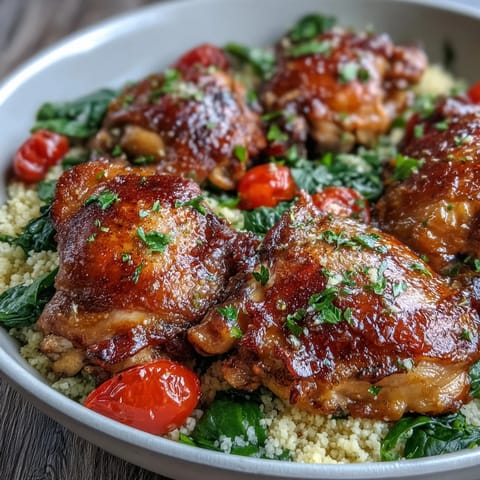 A spoon lifts fluffy couscous from the One-Pan Garlic Butter Chicken Couscous alongside tender seared chicken.