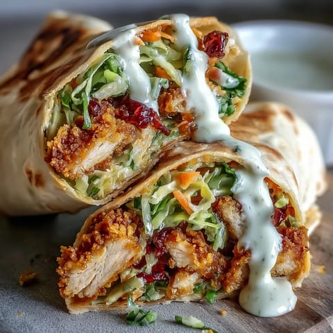 Golden brown crispy turkey strips tucked in a warm tortilla with crunchy slaw and spicy gochujang sauce for a fusion snack.