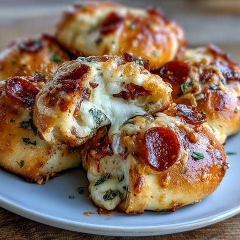 Golden-baked Pizza Roll Stuffed Garlic Knots, brushed with garlic butter and filled with melted mozzarella and spicy pepperoni.