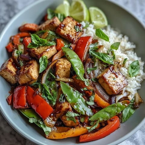 Golden seared tofu cubes, crisp bell peppers, and snap peas wok-tossed in a savory garlic sauce, topped with fresh Thai basil, served over steamed jasmine rice for a vibrant Vegan Thai Basil Tofu Stir-Fry.