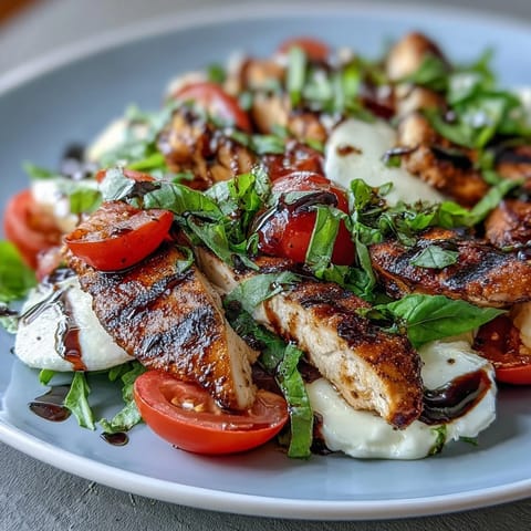 Grilled chicken Caprese salad with balsamic glaze, featuring juicy tomatoes, creamy mozzarella, and fresh basil leaves.  