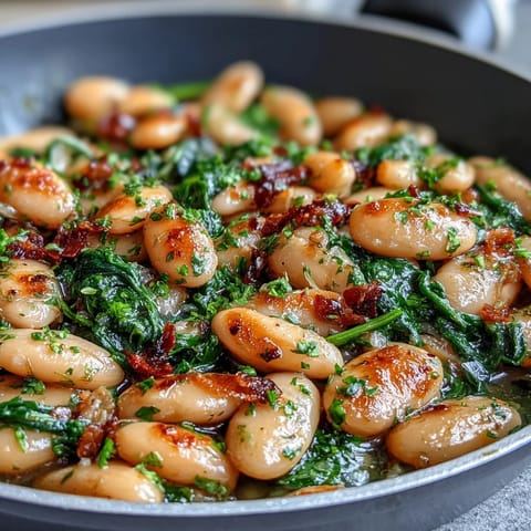 A vibrant vegan skillet dish with creamy white beans, fresh spinach, and zesty lemon-garlic sauce. Healthy and protein-packed.  