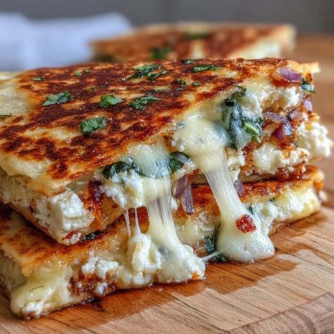 Warm flour tortillas stuffed with creamy feta, melty mozzarella, and fresh herbs, pan-fried until golden and savory.  