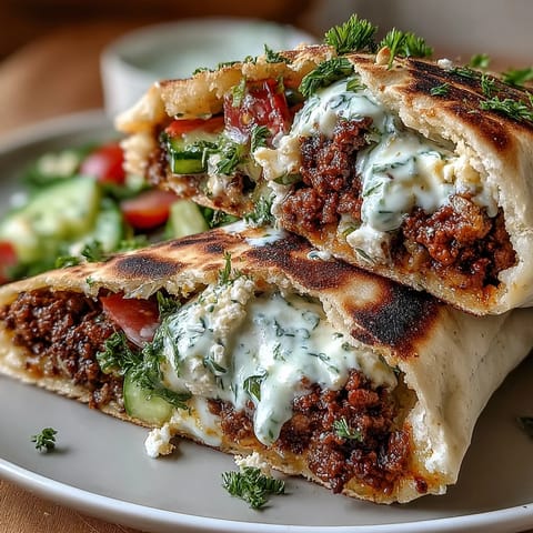 Savory Mediterranean beef pita pockets with crisp cucumber, juicy tomatoes, tangy feta, and cool yogurt sauce—perfect handheld meal.  