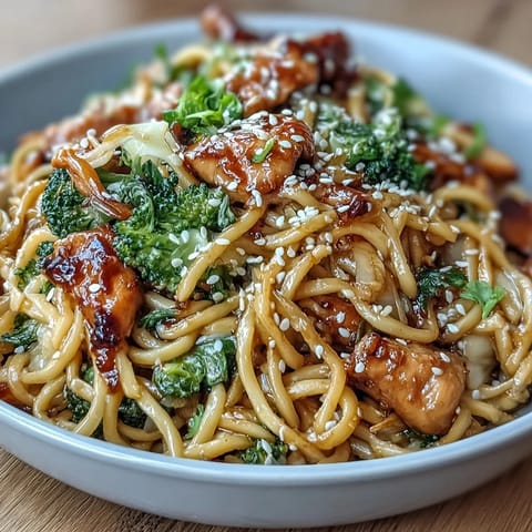 Aromatic garlic-infused noodles stir-fried with broccoli, bell peppers, and sesame seeds for a bold Asian-inspired dish.  