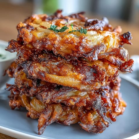 Golden, crispy onion fritters made in the air fryer, spiced with cumin and coriander for a healthy Indian snack.
