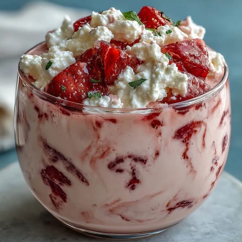 Refreshing and thick cottage cheese strawberry smoothie topped with fresh strawberry slices, perfect for a quick, healthy breakfast or snack.