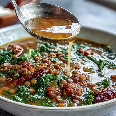 Warm up with a bowl of Spicy Sausage and Lentil Soup with Kale, featuring savory sausage, earthy lentils, and nutrient-packed kale.  