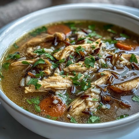 Hearty Chicken and Wild Rice Soup with tender chicken, nutty wild rice, and sweet carrots in a savory broth — perfect for cozy dinners.