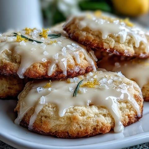 Fluffy cottage cheese lemon sugar cookies with tangy glaze, topped with zesty lemon drizzle on a rustic plate.  