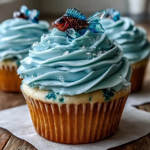 Whimsical vanilla cupcakes topped with fondant fish and blue buttercream, perfect for Pisces birthdays and zodiac celebrations.