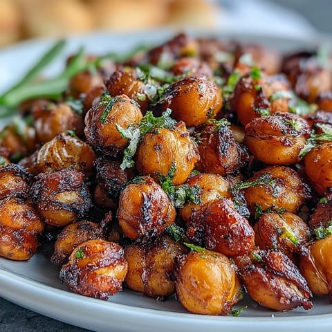 Crispy baked chickpeas seasoned with smoky paprika, cumin, and garlic for a crunchy, protein-rich snack.  