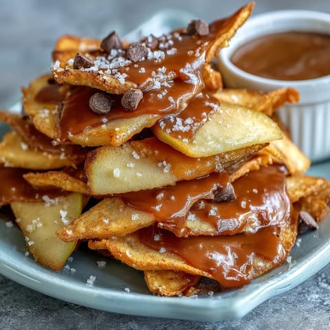 Candy Apple Nachos with Caramel Drizzle and Chocolate Chips - Crisp apple slices layered with gooey caramel and melted chocolate, topped with crunchy nuts and colorful sprinkles.