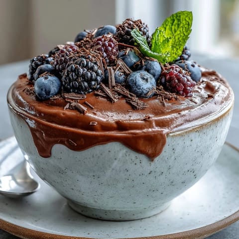 Rich, protein-packed chocolate mousse cups with a velvety texture, garnished with a vibrant mix of raspberries and blueberries.