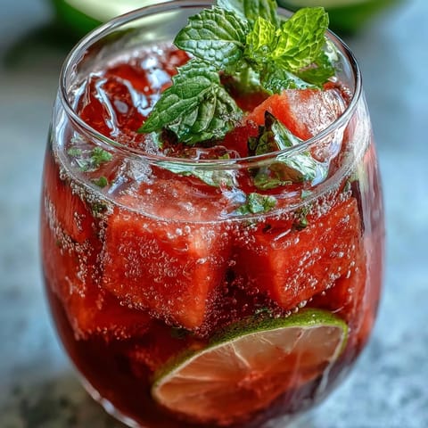 Watermelon Mint Vodka Spritz Mocktail with fresh mint and lime in a tall glass over ice.