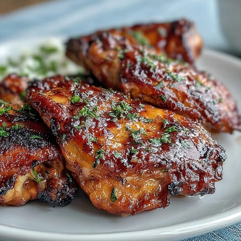 Honey Garlic Grilled Chicken Thighs sizzling on the grill with a sticky, golden glaze and smoky char marks.