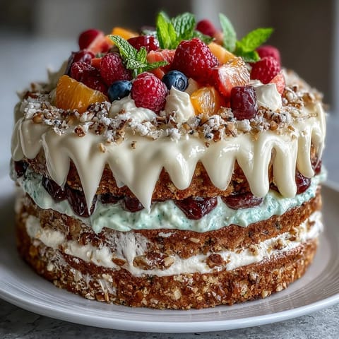 Festive Easter dessert table featuring carrot cake with cream cheese frosting, pavlova topped with berries, and lemon tart.