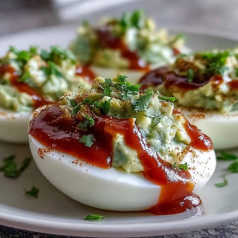 Creamy avocado deviled eggs topped with a spicy Sriracha drizzle, garnished with fresh cilantro.