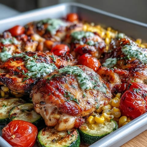 Sheet Pan Chicken with Zucchini and Corn, a vibrant summer dinner with juicy chicken, sweet corn, and tender zucchini roasted to perfection.