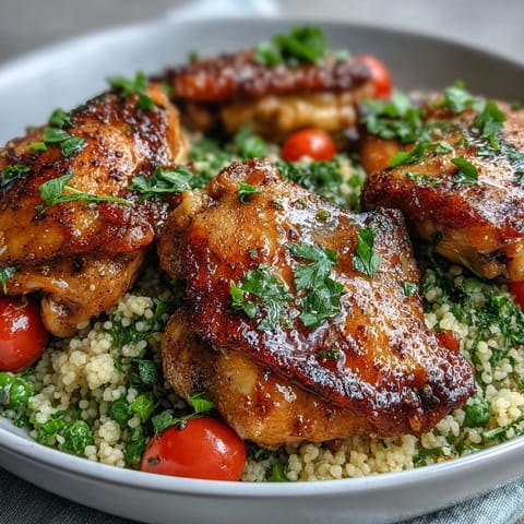 Golden seared chicken breasts and fluffy couscous soaking up garlic butter pan juices in a skillet.