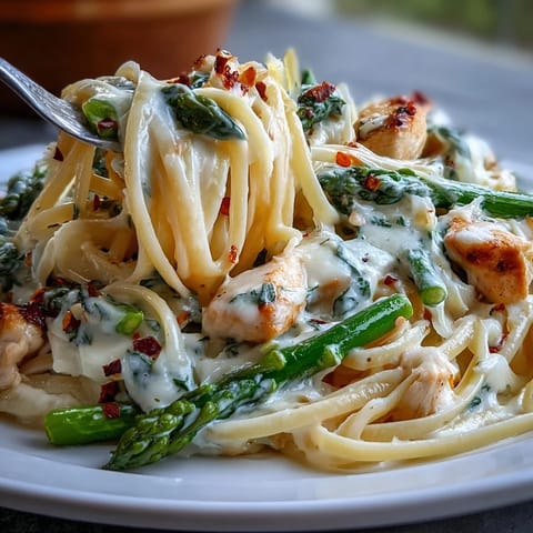 Creamy Asiago Chicken & Asparagus Pasta features golden roasted asparagus and tender chicken over linguine in a rich, cheesy sauce.