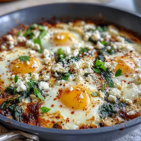 Spinach and feta shakshuka with vibrant poached eggs in spiced tomato sauce.
