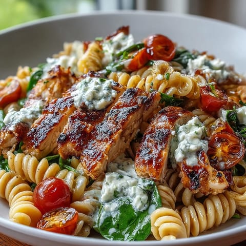 High protein pasta bowl with grilled chicken, creamy cottage cheese, and fresh spinach for a nourishing meal.  
