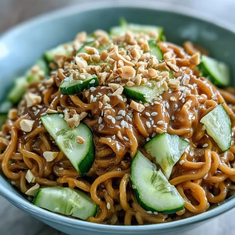 Creamy Cold Peanut Sesame Noodles with crisp cucumber, a quick, refreshing Asian dish.