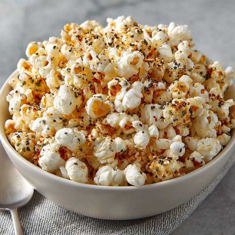 Homemade Everything Bagel Popcorn: warm, golden kernels, seasoned perfectly, ready to serve.